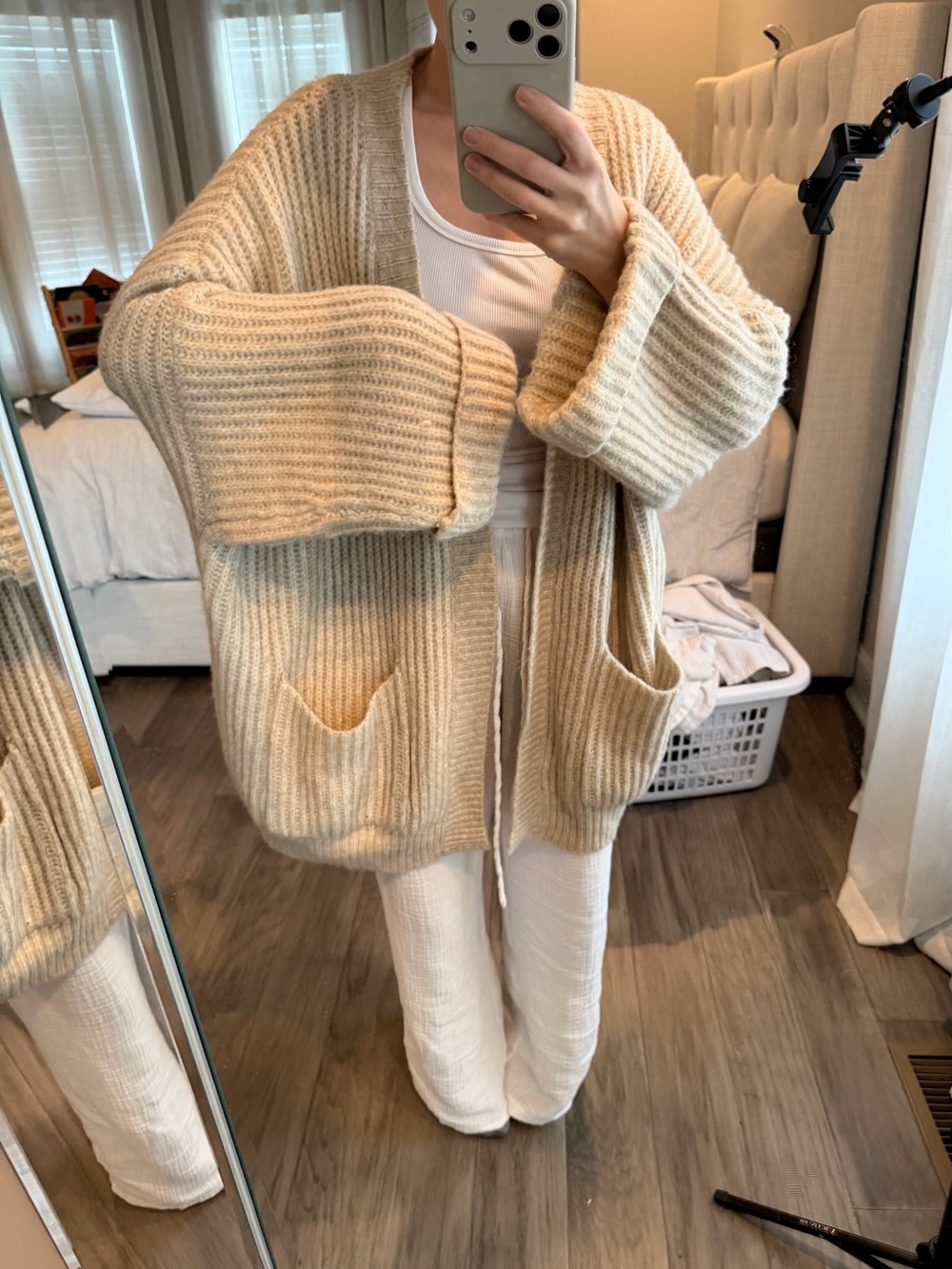 Zara Cream Ribbed Open-Front Cardigan with Pockets